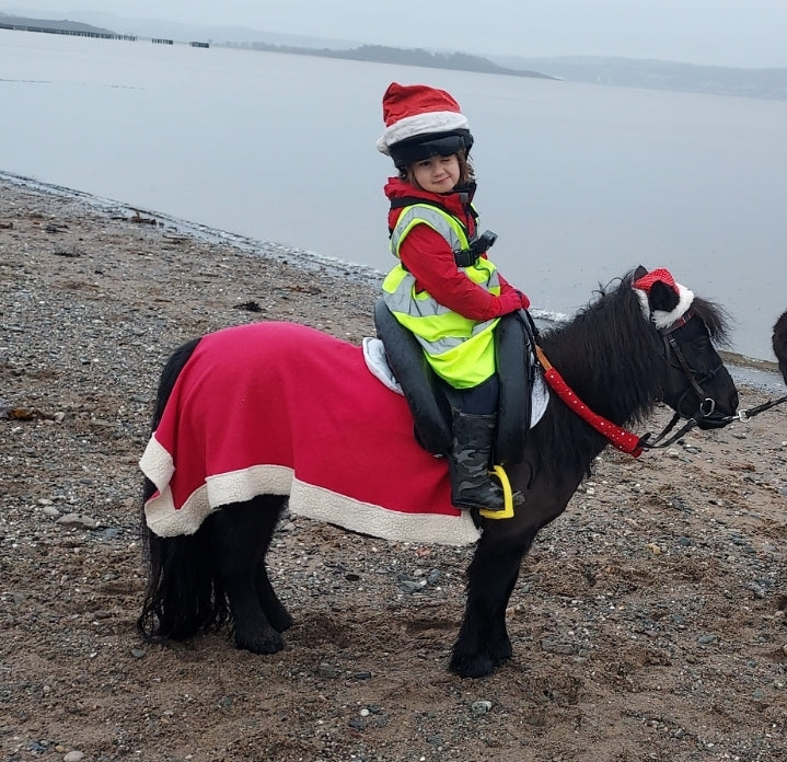 Young child riding a pony with an inky dinky sadle